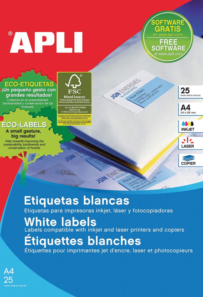 Apli -  afneembare witte etiketten ft 25,4 x 10 mm (b x h), 4.725 stuks, 189 per blad etui van 25 blad
