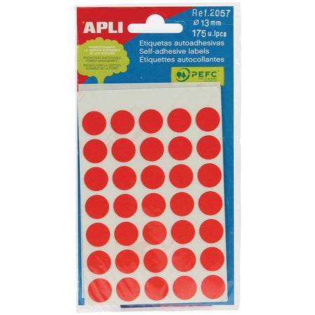 Apli - étiquettes rondes en étui diamètre 13 mm, rouge, 175 pièces, 35 par feuille (2057)