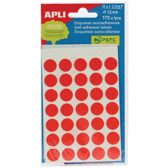 Apli -  ronde etiketten in etui diameter 13 mm, rood, 175 stuks, 35 per blad (2057)