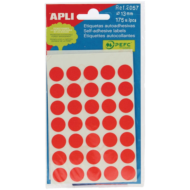 Apli - ronde etiketten in etui diameter 13 mm, rood, 175 stuks, 35 per blad (2057)