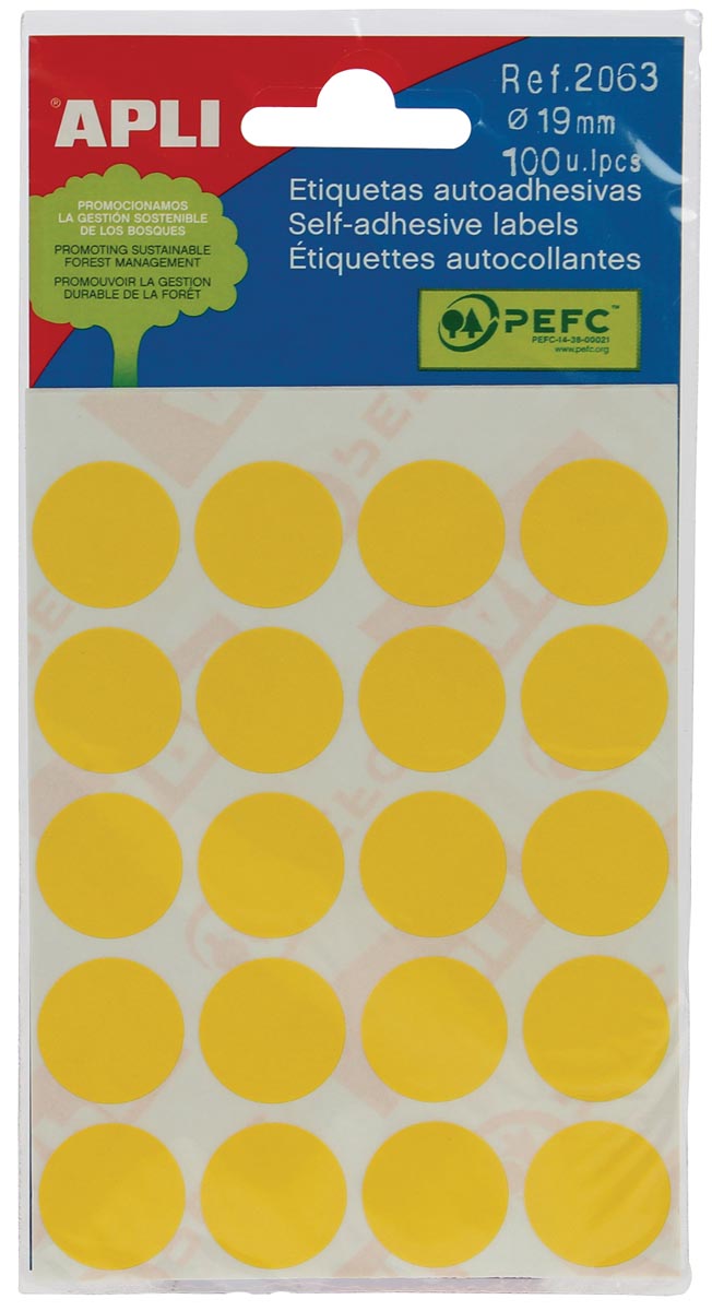 Apli - runde Etiketten im Etui Durchmesser 19 mm, gelb, 100 Stück, 20 pro Blatt (2063)