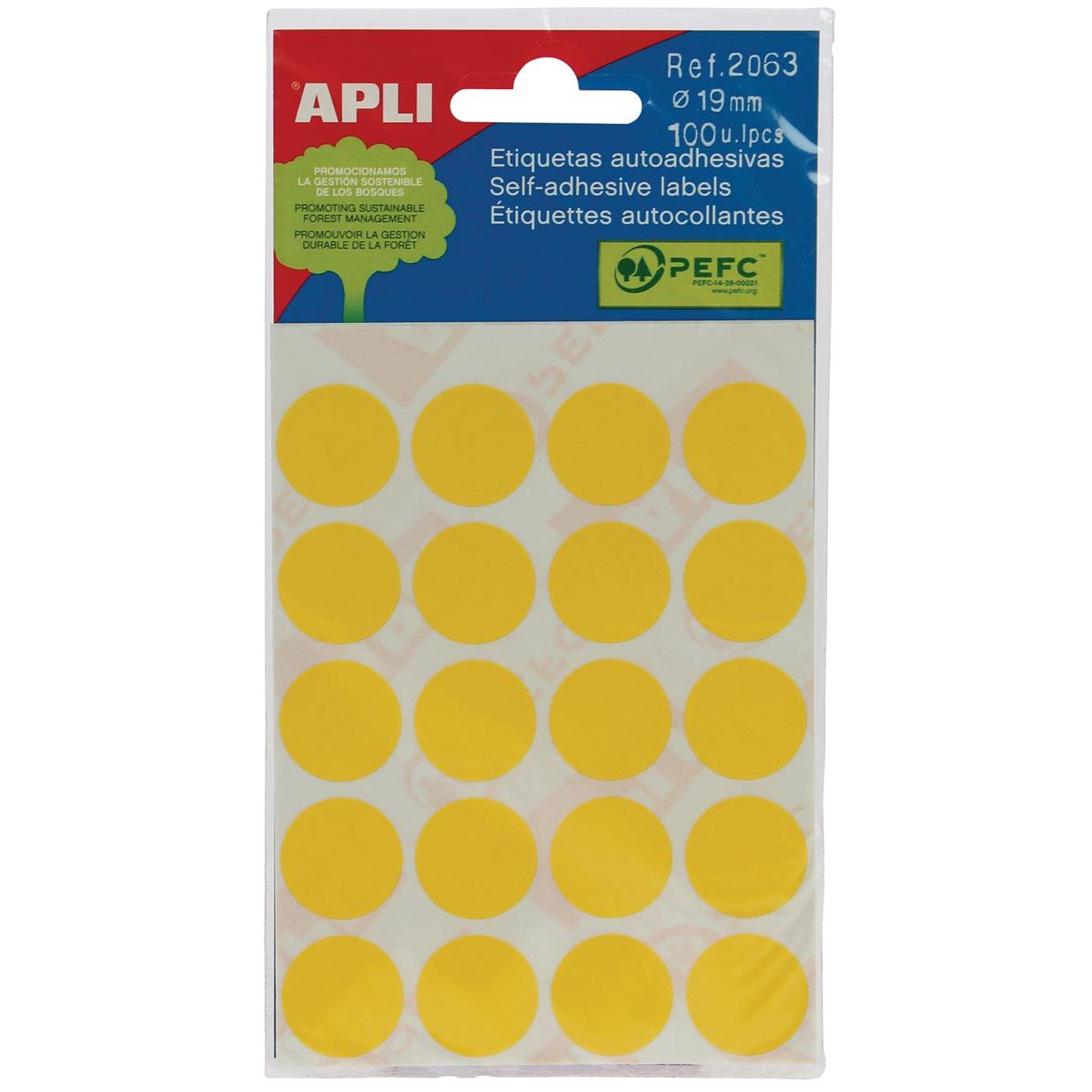 Apli - étiquettes rondes en étui diamètre 19 mm, jaune, 100 pièces, 20 par feuille (2063)