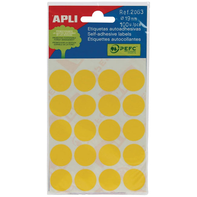 Apli - ronde etiketten in etui diameter 19 mm, geel, 100 stuks, 20 per blad (2063)