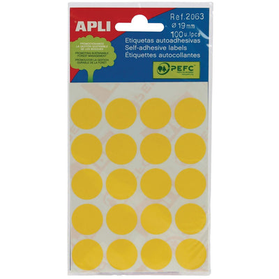 Apli - étiquettes rondes en étui diamètre 19 mm, jaune, 100 pièces, 20 par feuille (2063)