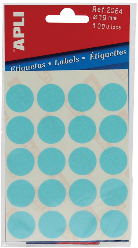 Apli -  ronde etiketten in etui diameter 19 mm, blauw, 100 stuks, 20 per blad (2064)