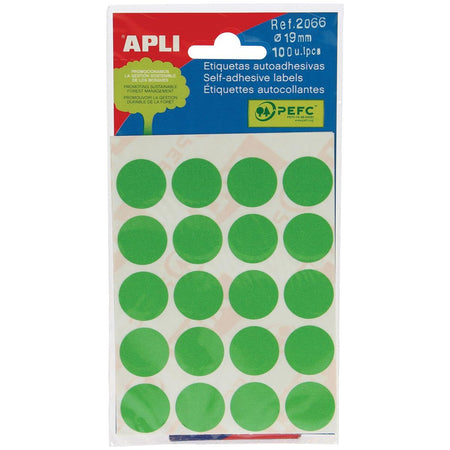 Apli - étiquettes rondes en étui diamètre 19 mm, vertes, 100 pièces, 20 par feuille (2066)