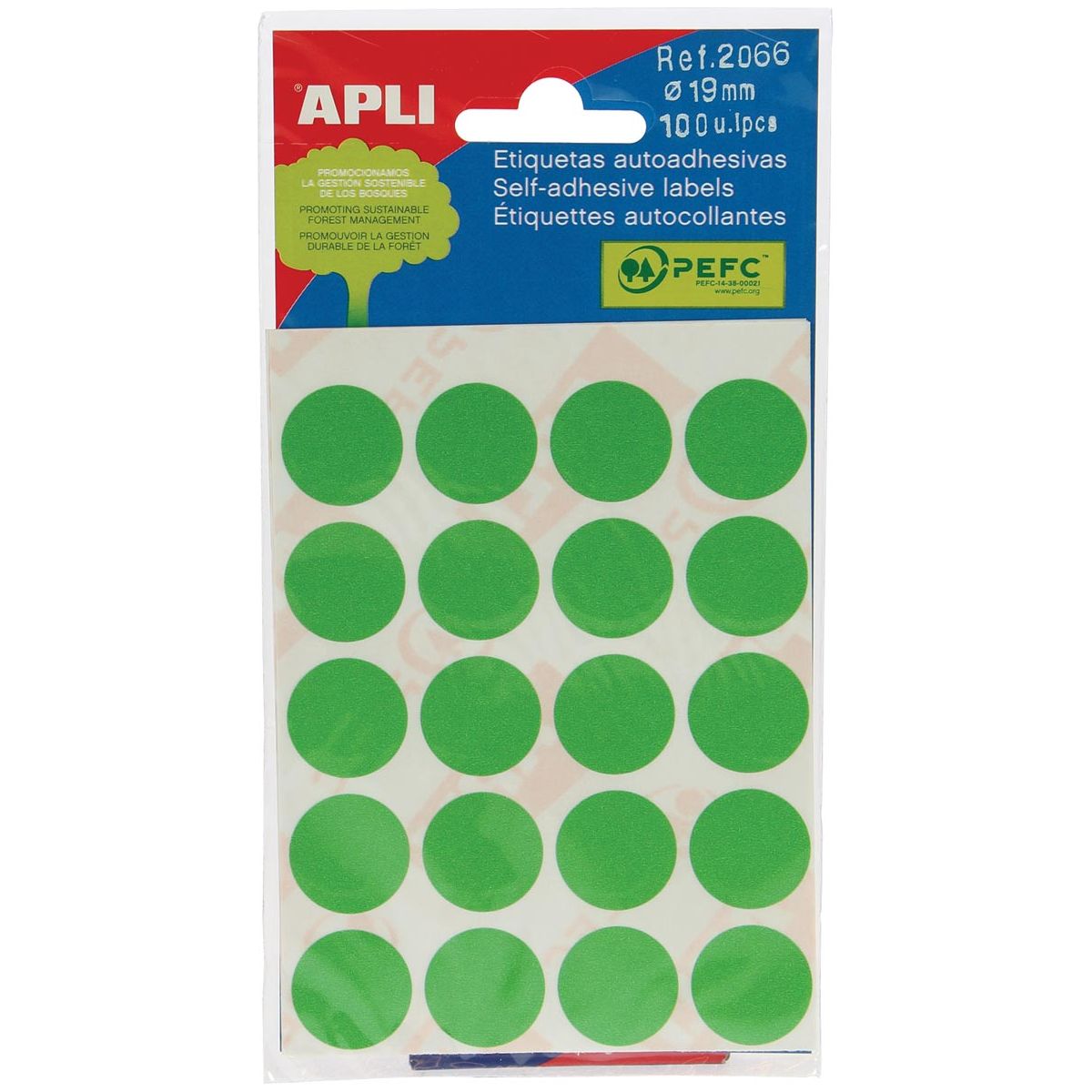 Apli - ronde etiketten in etui diameter 19 mm, groen, 100 stuks, 20 per blad (2066)