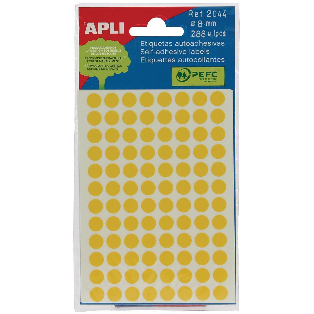 Apli -  ronde etiketten in etui diameter 8 mm, geel, 288 stuks, 96 per blad (2044)