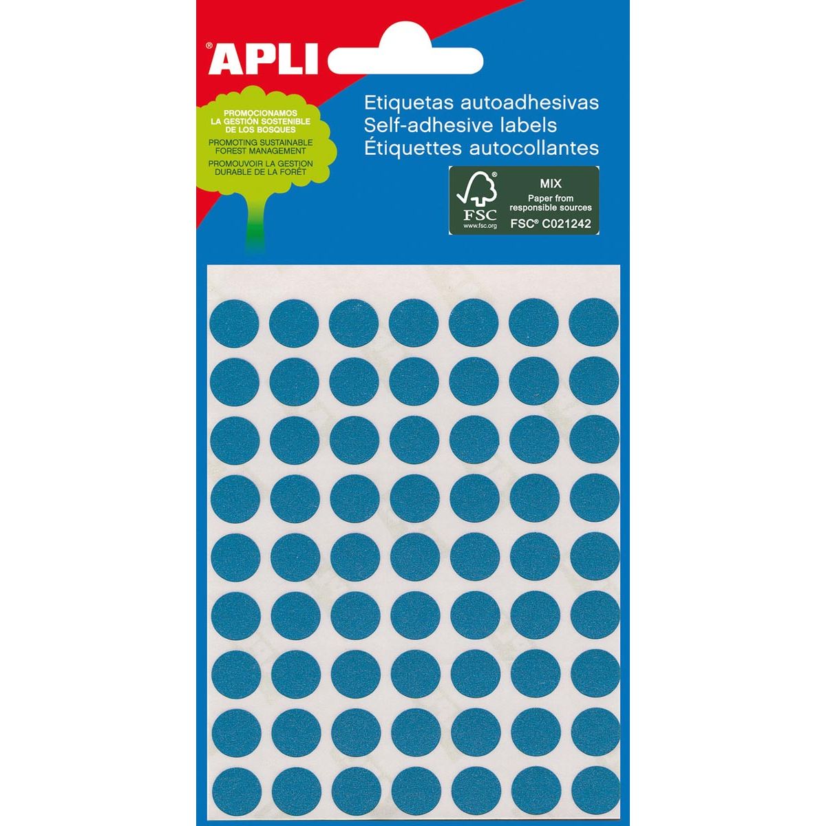 Apli - runde Etiketten im Etui Durchmesser 8 mm, blau, 288 Stück, 96 pro Blatt (2045)