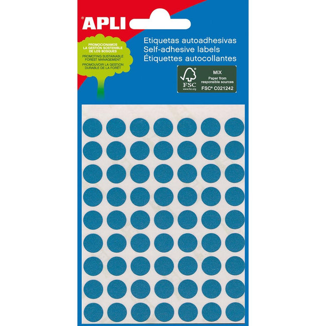 Apli - ronde etiketten in etui diameter 8 mm, blauw, 288 stuks, 96 per blad (2045)