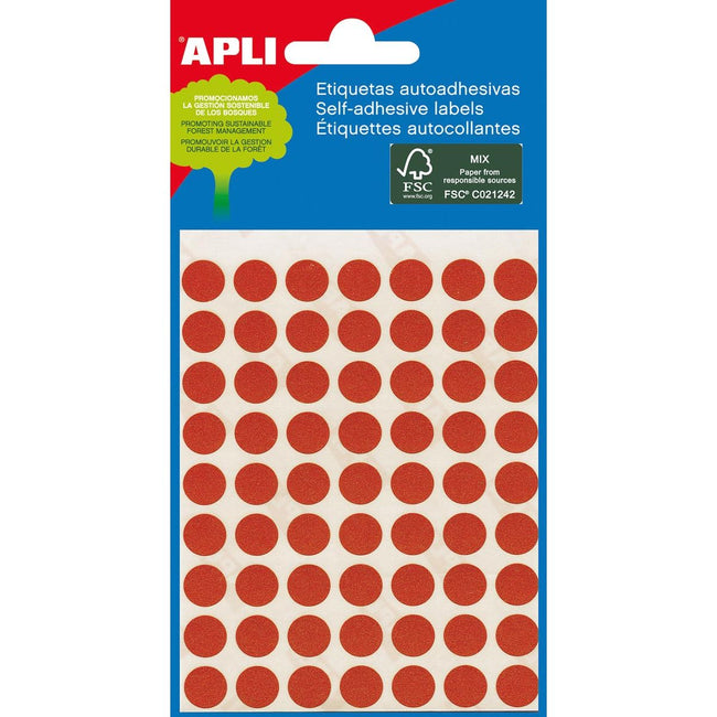 Apli -  ronde etiketten in etui diameter 8 mm, rood, 288 stuks, 96 per blad (2046)