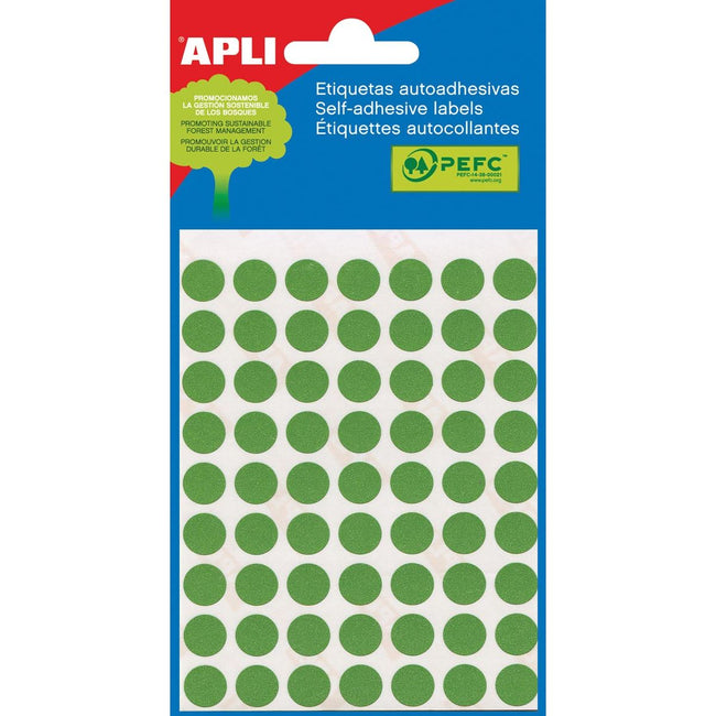 Apli - ronde etiketten in etui diameter 8 mm, groen, 288 stuks, 96 per blad (2047)