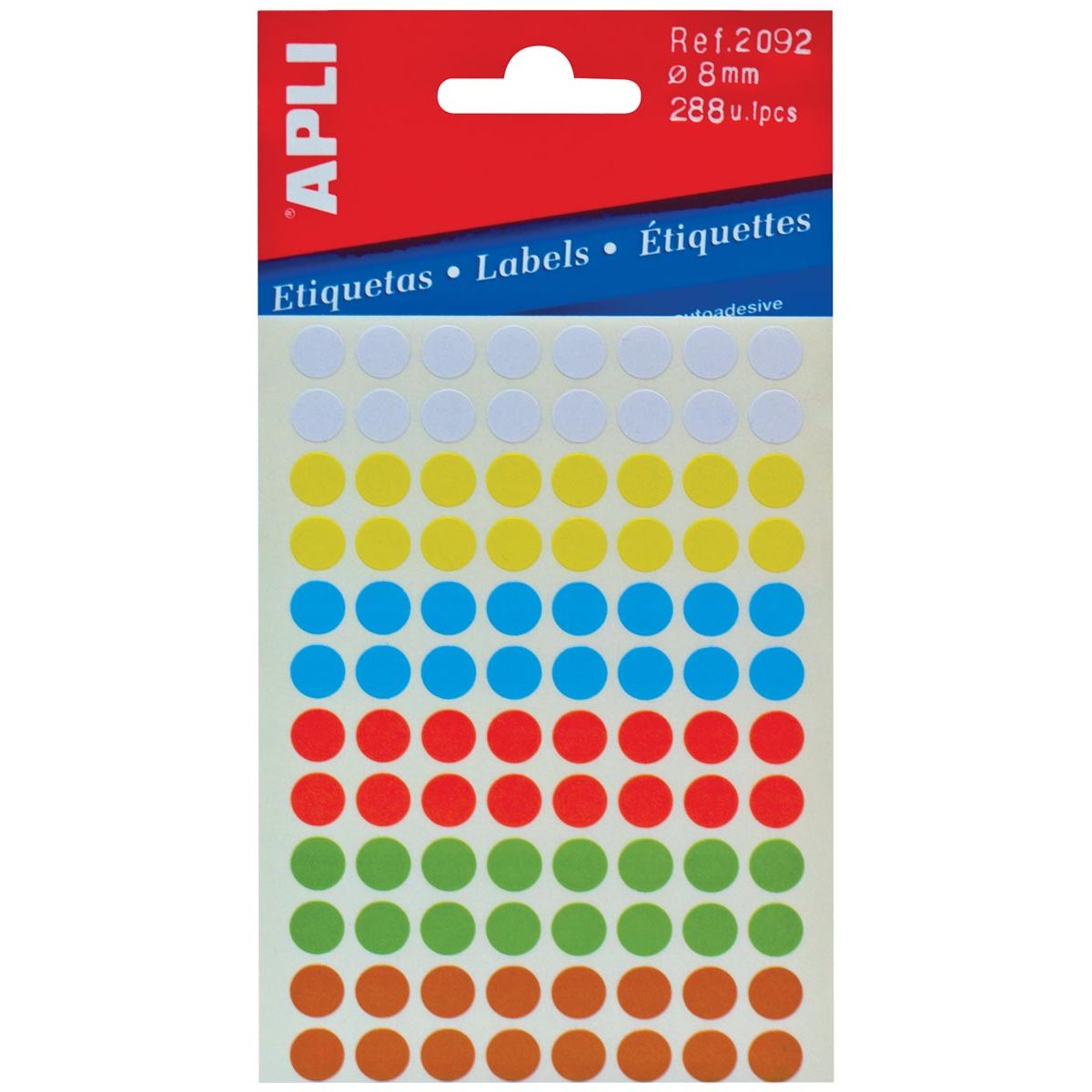 Apli -  ronde etiketten in etui diameter 8 mm, geassorteerde kleuren, 288 stuks, 96 per blad (2092)