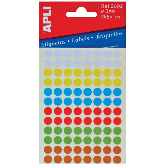 Apli -  ronde etiketten in etui diameter 8 mm, geassorteerde kleuren, 288 stuks, 96 per blad (2092)