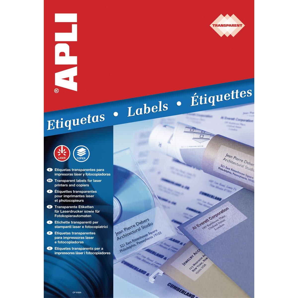Apli - Étiquettes transparentes pi 48,5 x 25,4 mm (l x h), 880 pièces, 44 par feuille, boîte de 20 feuilles