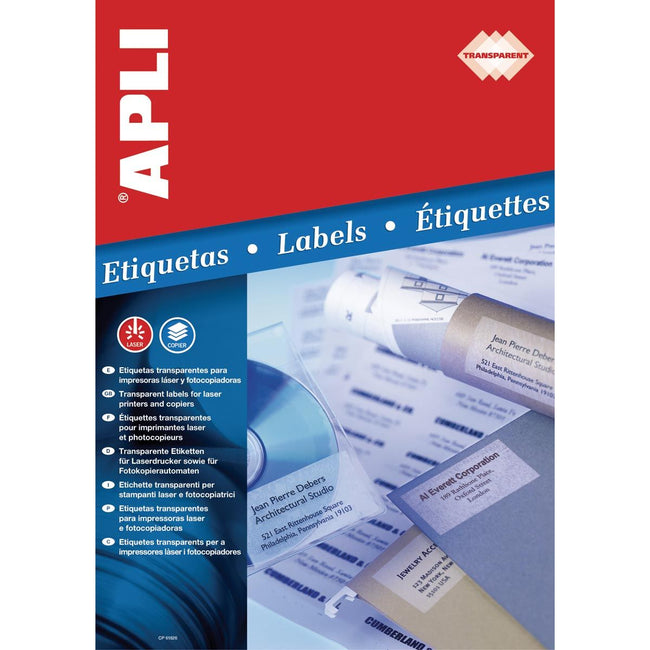 APLI - Transparente Etiketten ft 48,5 x 25,4 mm (b x h), 880 Stück, 44 pro Blatt, Schachtel mit 20 Blättern