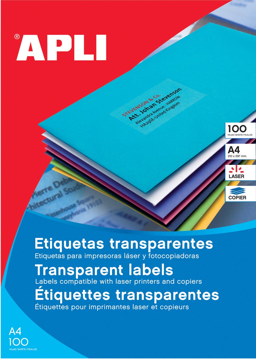 APLI - Transparente Etiketten ft 70 x 37 mm (b x h), 480 Stück, 24 pro Blatt, 20 Blattkasten