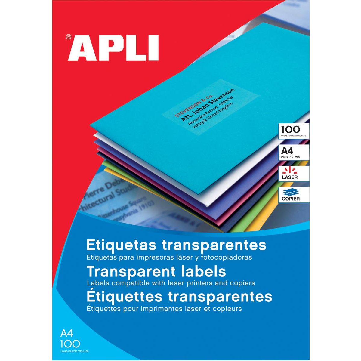 APLI - Transparente Etiketten ft 210 x 297 mm (b x h), 20 Stücke, 1 pro Blatt, 20 Blattbox