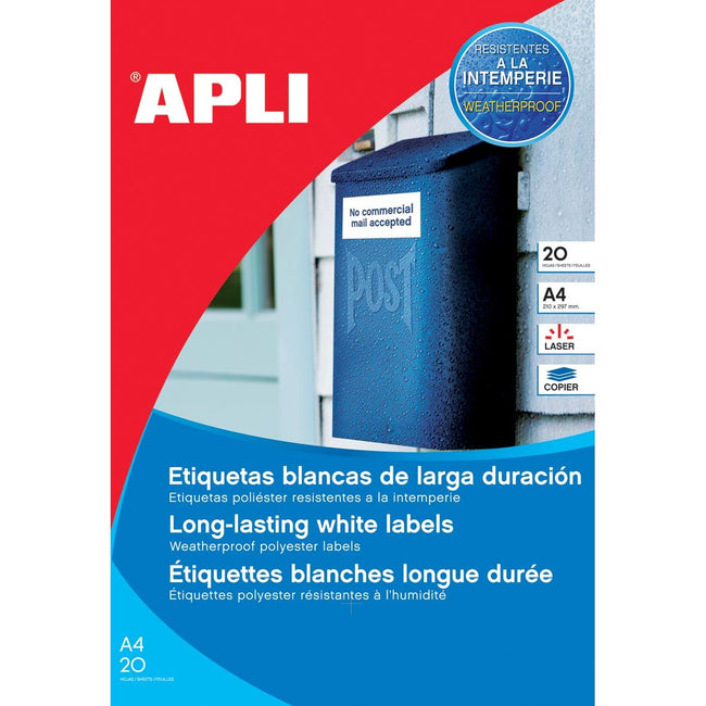 Apli -  weerbestendige etiketten ft 210 x 297 mm (b x h), 20 stuks, 1 per blad, doos van 20 blad