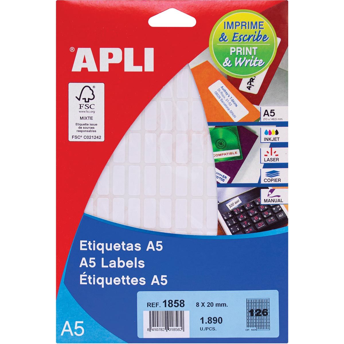 Apli -  witte etiketten Print Write ft 8 x 20 mm (b x h), 1.890 stuks, 126 per blad (1858)