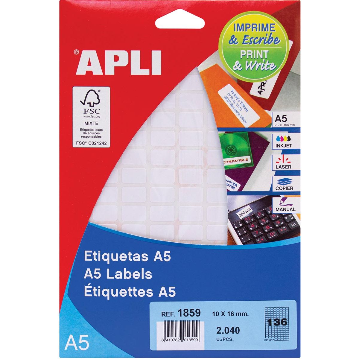 Apli – Weiße Etiketten Print Write ft 10 x 16 mm (B x H), 2.040 Stück, 136 pro Blatt (1859)