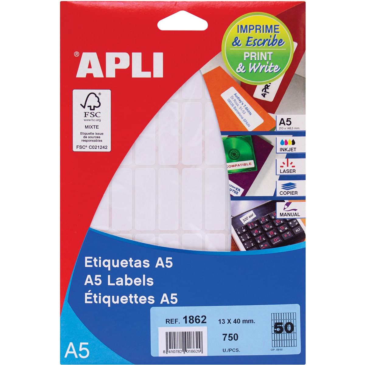Apli -  witte etiketten Print Write ft 13 x 40 mm (b x h), 750 stuks, 50 per blad (1862)
