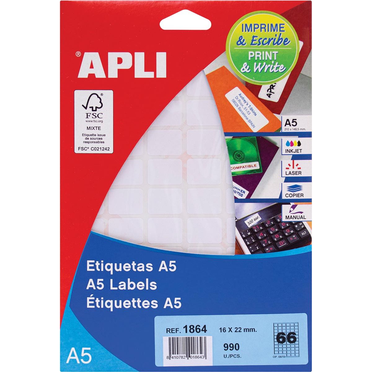 Apli -  witte etiketten Print Write ft 16 x 22 mm (b x h), 990 stuks, 66 per blad (1864)