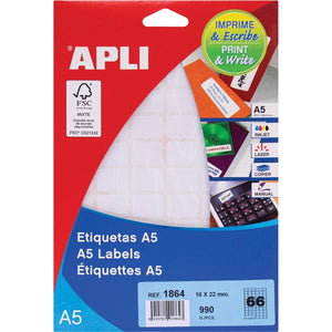 Apli -  witte etiketten Print Write ft 16 x 22 mm (b x h), 990 stuks, 66 per blad (1864)