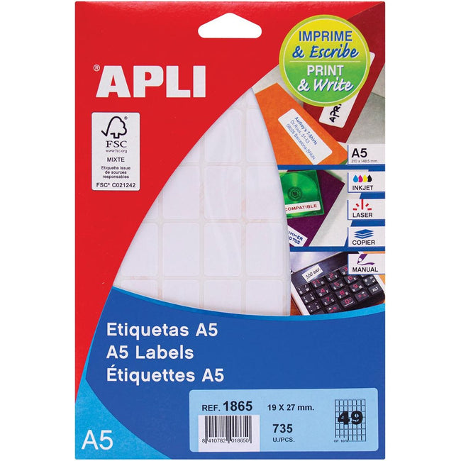 Apli -  witte etiketten Print Write ft 19 x 27 mm (b x h), 735 stuks, 49 per blad (1865)