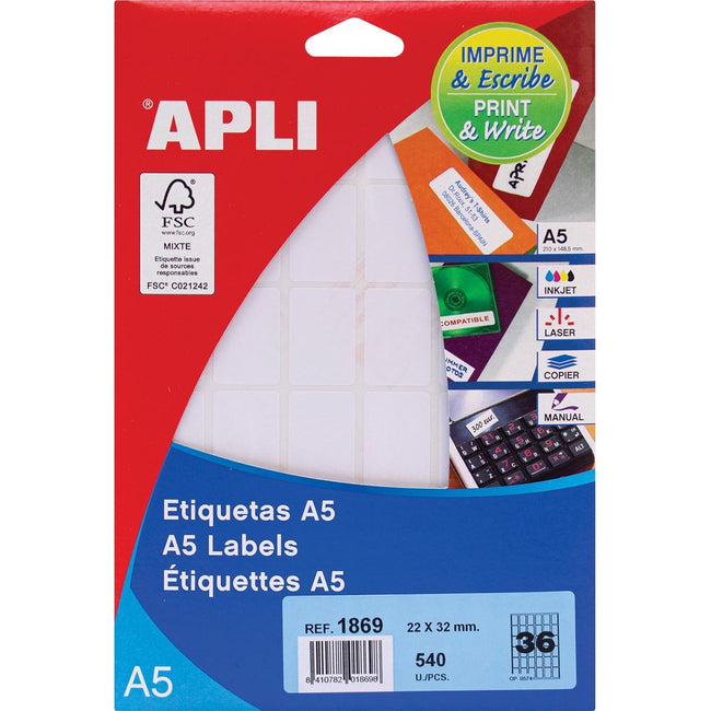 Apli -  witte etiketten Print Write ft 22 x 32 mm (b x h), 540 stuks, 36 per blad (1869)