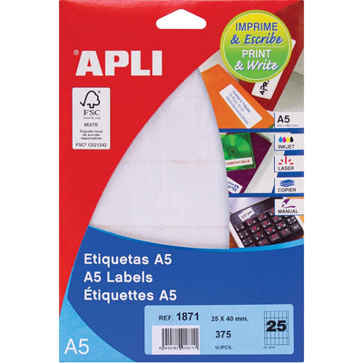 Apli -  witte etiketten Print Write ft 25 x 40 mm (b x h), 375 stuks, 25 per blad (1871)