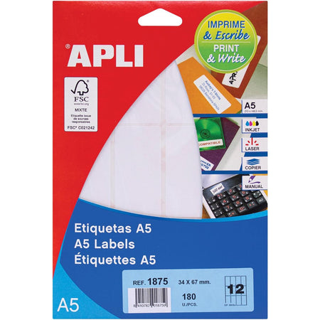 Apli - étiquettes blanches Print Write ft 34 x 67 mm (l x h), 180 pièces, 12 par feuille (1875)
