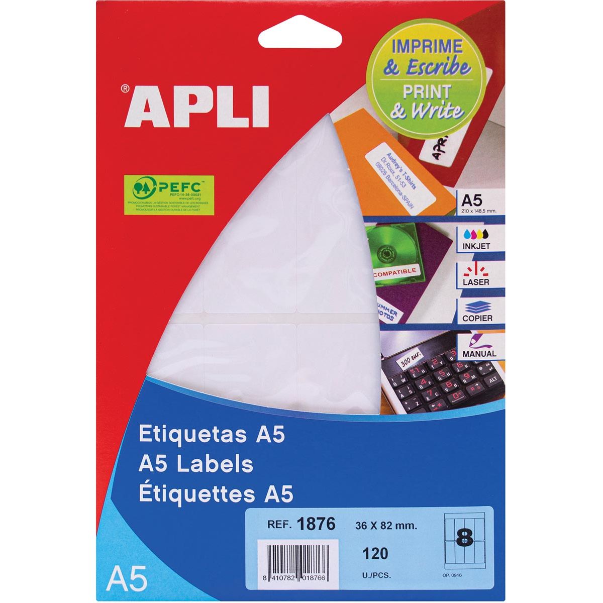 Apli – Weiße Etiketten Print Write ft 36 x 82 mm (B x H), 120 Stück, 8 pro Blatt (1876)