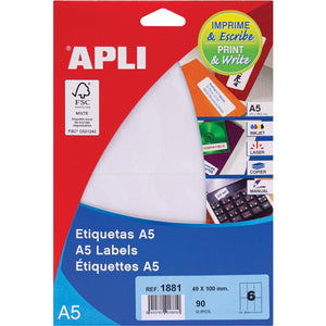 Apli -  witte etiketten Print Write ft 49 x 100 mm (b x h), 90 stuks, 6 per blad (1881)