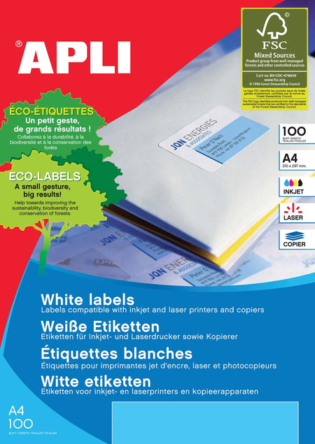 Apli - Étiquettes blanches pi 199,6 x 289,1 mm (l x h), 100 pièces, 1 par feuille (2412)