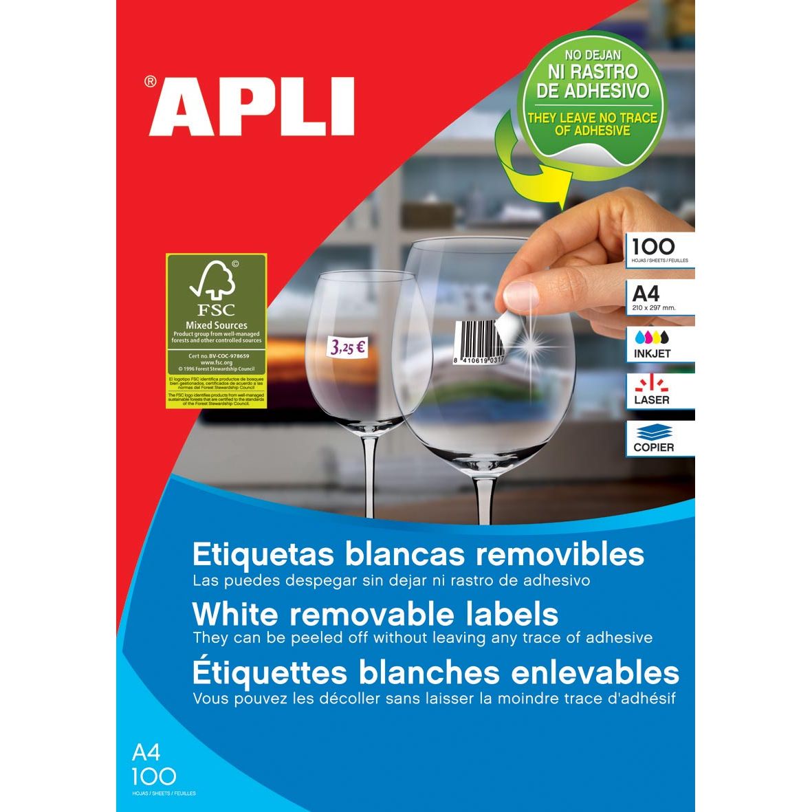 Apli - Étiquettes blanches détachables ft 210 x 297 mm (b x h) (b x h), 100 morceaux, 1 par feuille (3060)