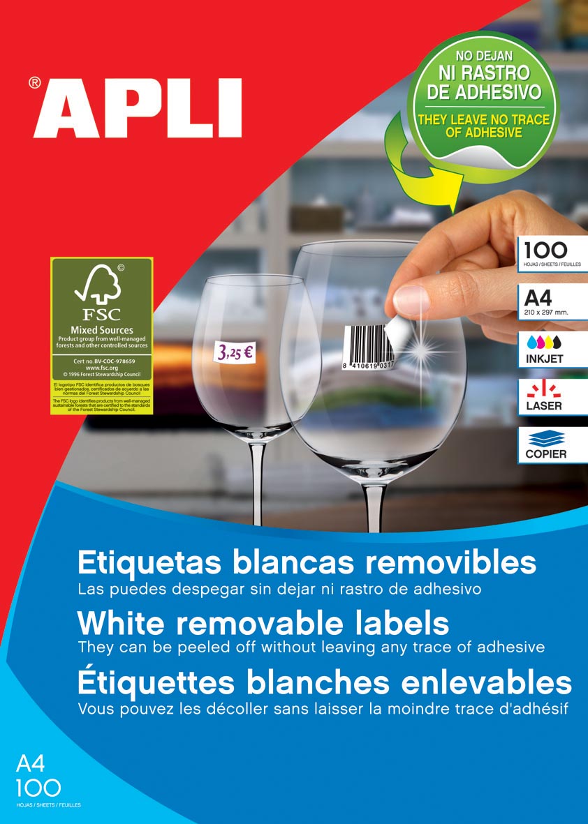 Apli - étiquettes blanches amovibles pi 210 x 297 mm (l x h) (l x h), 100 pièces, 1 par feuille (3060)