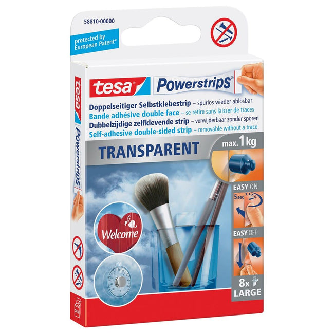 Tesa - PowerStrips transparent, Kapazität 1 kg, transparent, Blasen von 8 Teilen