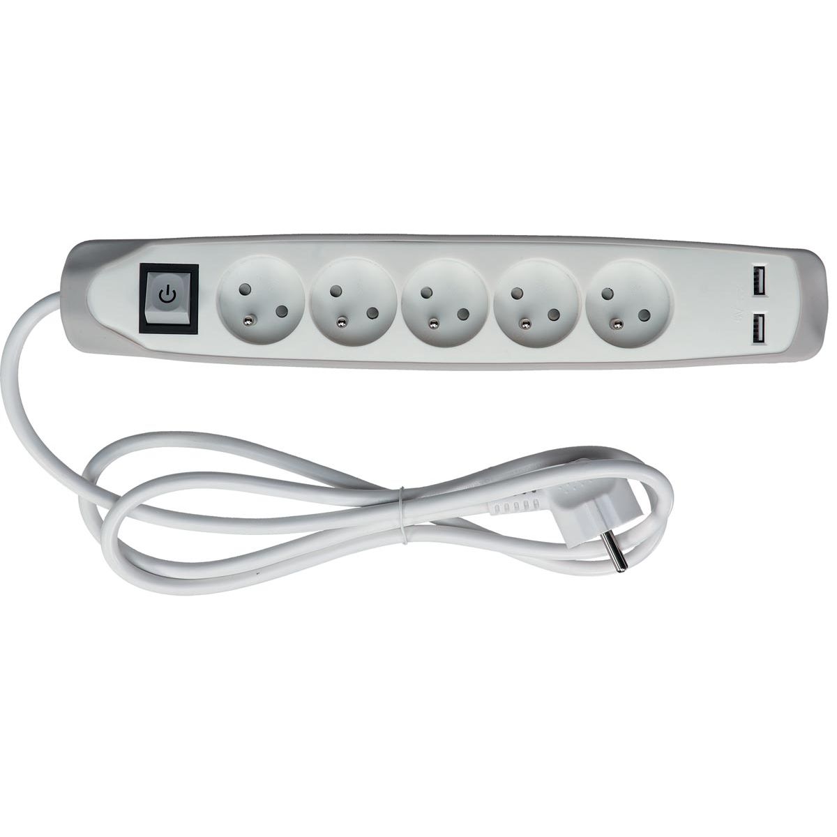 Perel -  contactdoos met 5 stopcontacten, 2 USB en schakelaar, 1,5 m, wit/grijs, voor NL