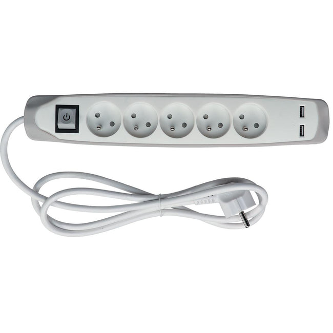 Perel -  contactdoos met 5 stopcontacten, 2 USB en schakelaar, 1,5 m, wit/grijs, voor NL