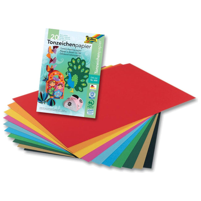 Folia - Folia gekleurd tekenpapier, 130 g, ft 21 x 29,7 cm, A4, geassorteerde kleuren, blok van 20 vel