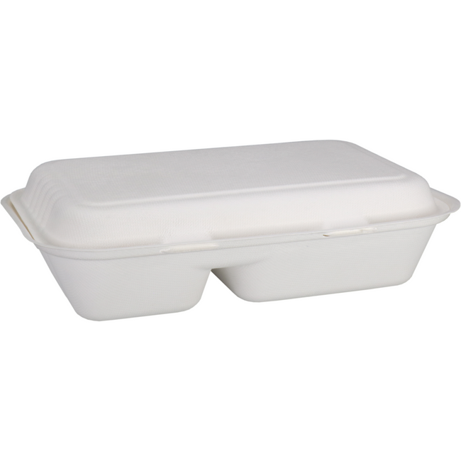 Depa - Bak | Bagasse (suikerrietpulp) | 2-vaks | 1000ml | maaltijdbox | 25x16x6cm | wit | 50 stuks