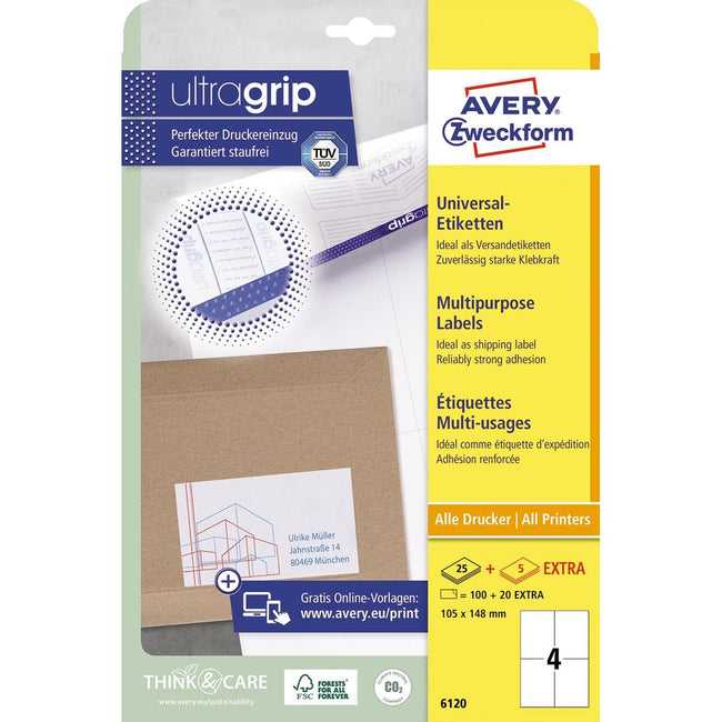 Avery Zweckform -  Zweckform 6120, Universele etiketten, Ultragrip, wit, 25+5 vel, 4 per vel, 105 x 148 mm