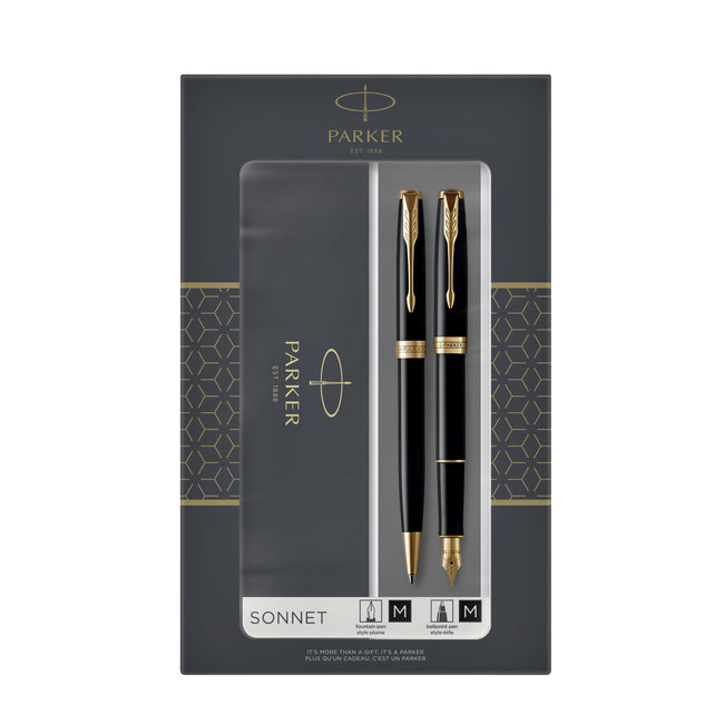 Parker -  Balpen en vulpen Sonnet black lacquer GT medium 2 stuks