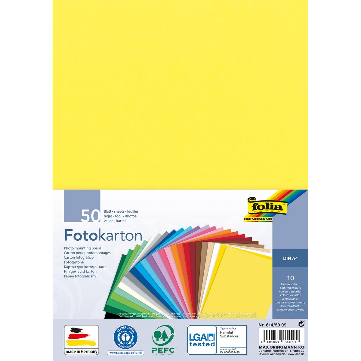 Folia -   gekleurd fotokarton, ft A4, pak van 50 vel in 10 geassorteerde kleuren