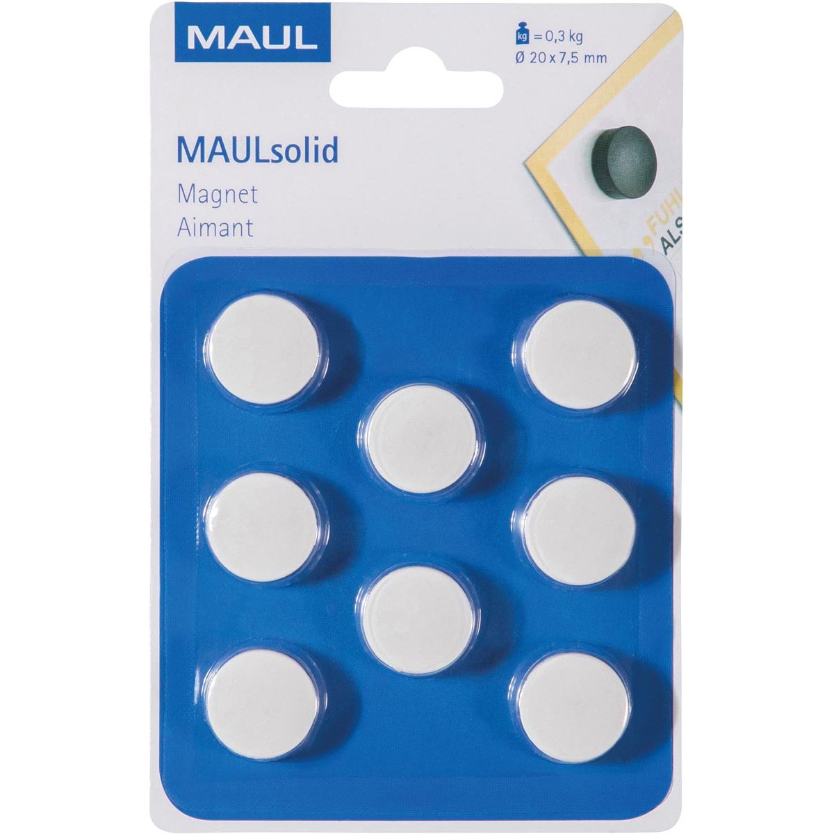 Maul -  magneet Solid, 20 mm, trekkracht 300 gr, blister van 8 stuks, wit