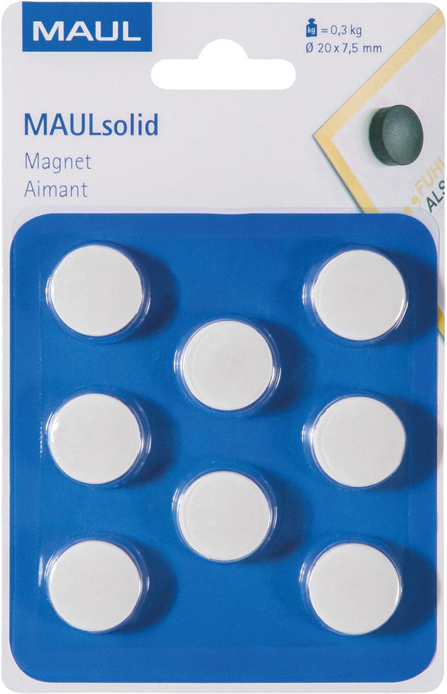 Maul - aimant solide, 20 mm, Tenskkracht 300 gr, cloque de 8 pièces, blanc