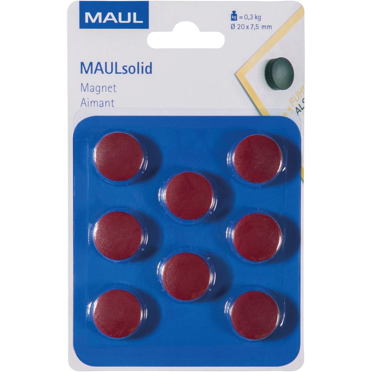 Maul - aimant Solid, 20 mm, force de traction 300 gr, blister de 8 pièces, rouge