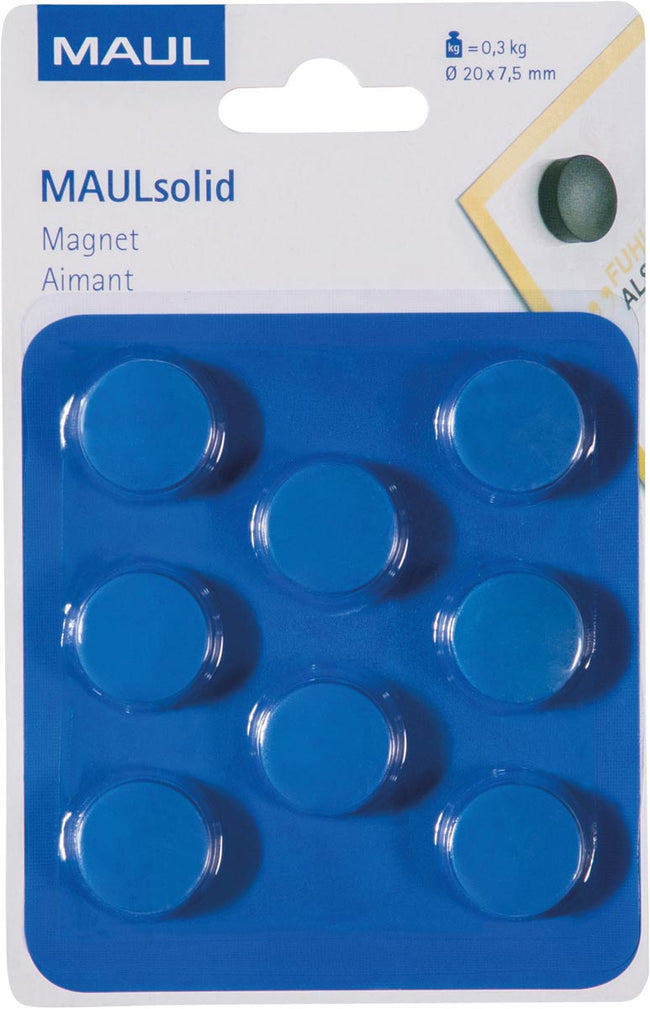 Maul - aimant solide, 20 mm, Tenskkracht 300 gr, cloque de 8 pièces, bleu