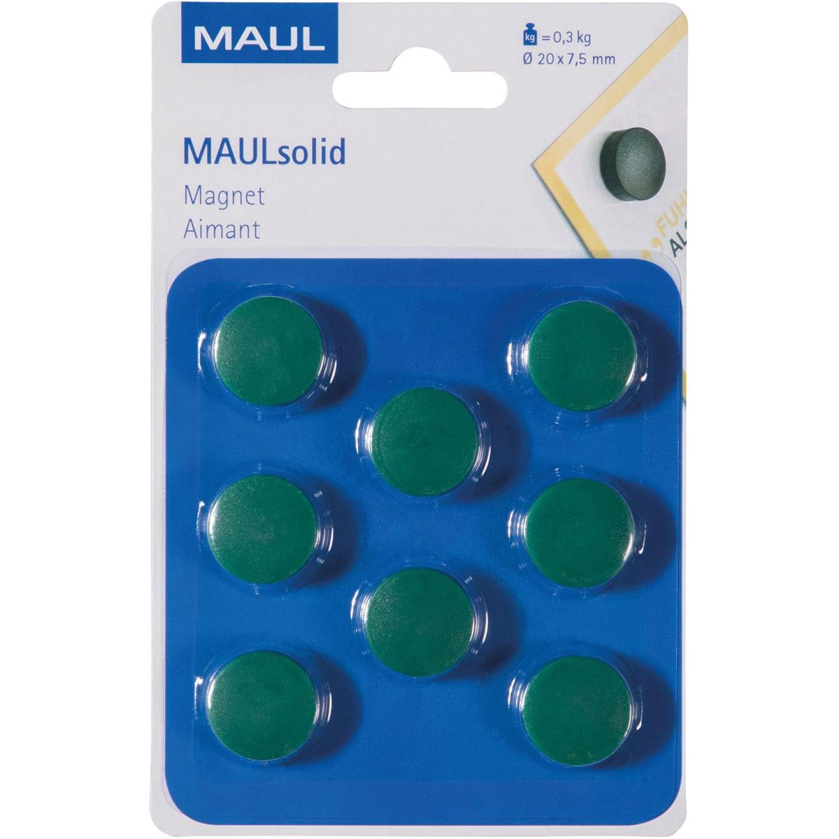 Maul - aimant Solid, 20 mm, force de traction 300 gr, blister de 8 pièces, vert